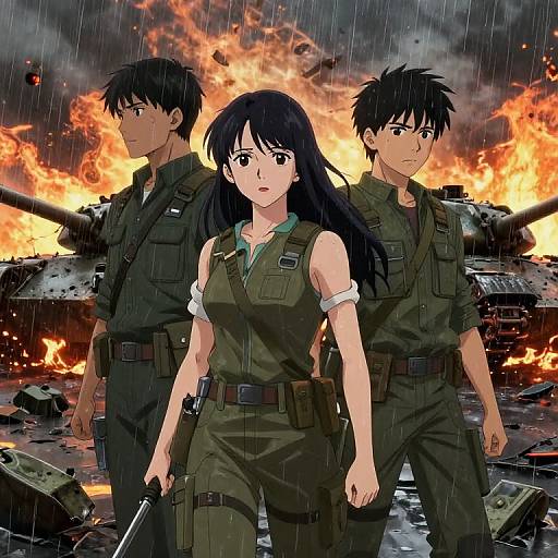 Anime-style illustration of three soldiers with black hair, green uniforms, and serious expressions, standing in front of a burning battlefield with tanks and heavy rain.