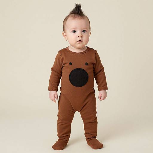 Photograph of a baby with light skin and a mohawk, wearing a brown onesie with a black circle and dot face, standing against a plain