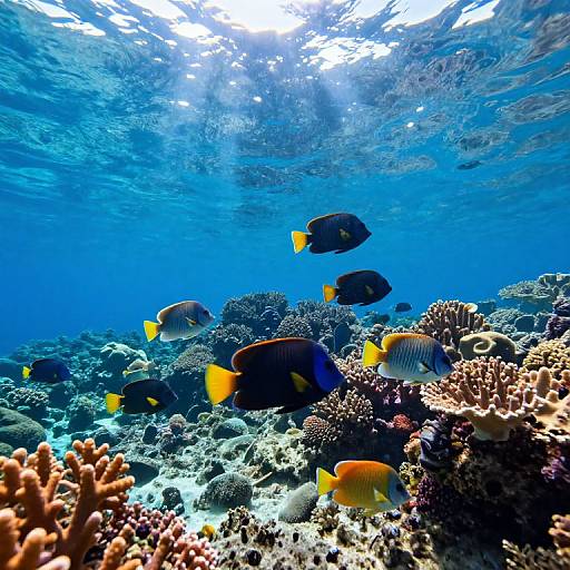 Photograph of vibrant underwater coral reef with blue-tinted sunlight, colorful fish (yellow, orange, blue), and diverse corals, creating a