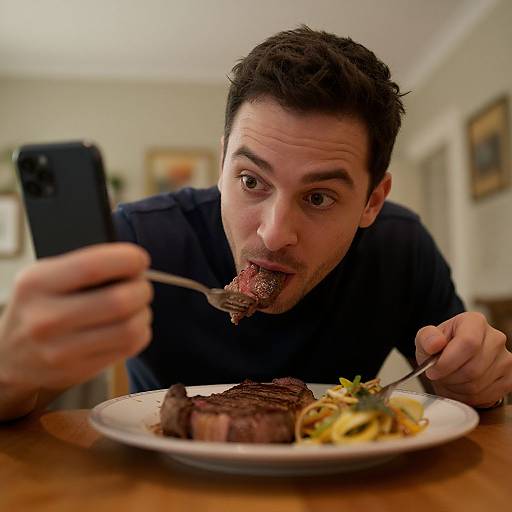 Man Enjoying Steak Dinner Candid