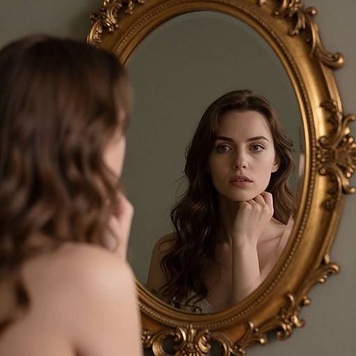 Photograph of a woman with long brown hair, reflected in an ornate gold-framed oval mirror, gazing intently with her hand near her