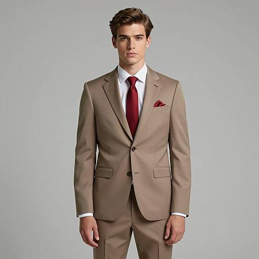 Young Man in Light Brown Suit with Red Tie