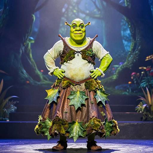 Photograph of a green-skinned, bald, smiling ogre with pointed ears, wearing leafy, tattered clothes, standing confidently on a stage
