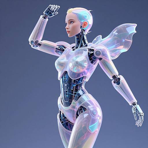 CGI image of a sleek, silver, futuristic female robot with translucent wings and blue accents, posed confidently against a gradient blue background.