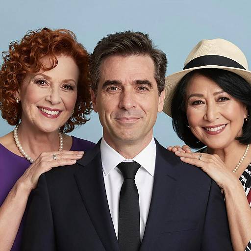 Three People Portrait with Man in Suit and Smiling Women