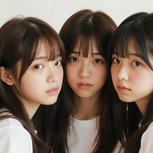 Photograph of three young Asian women with long black hair, fair skin, and straight bangs, closely together, wearing white shirts, against a plain