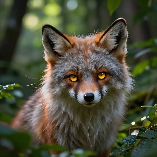 Photograph of a realistic digital art red fox with intense orange eyes, surrounded by lush green forest foliage, showcasing detailed fur texture and vibrant colors.