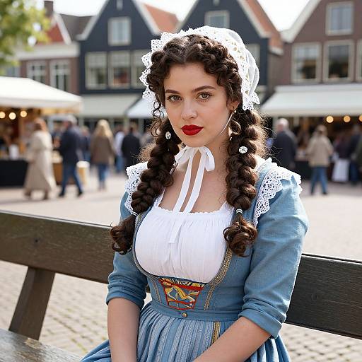 Photograph of a fair-skinned woman with curly brown hair, red lipstick, wearing a blue dirndl with white lace, sitting on a bench in