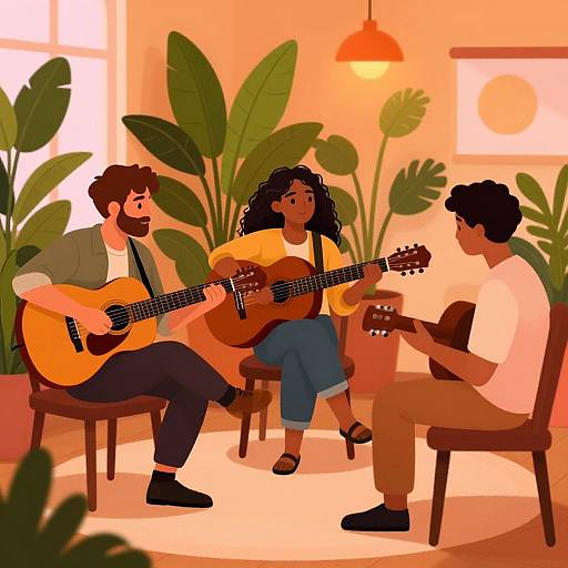 Digital illustration of three diverse musicians with curly hair, playing acoustic guitars in a warmly lit, plant-filled room. Vibrant orange and green hues dominate the