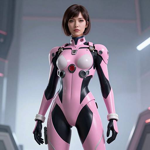 Photorealistic CGI of an Asian woman with short black hair in a form-fitting, pink and black futuristic bodysuit, standing confidently in a