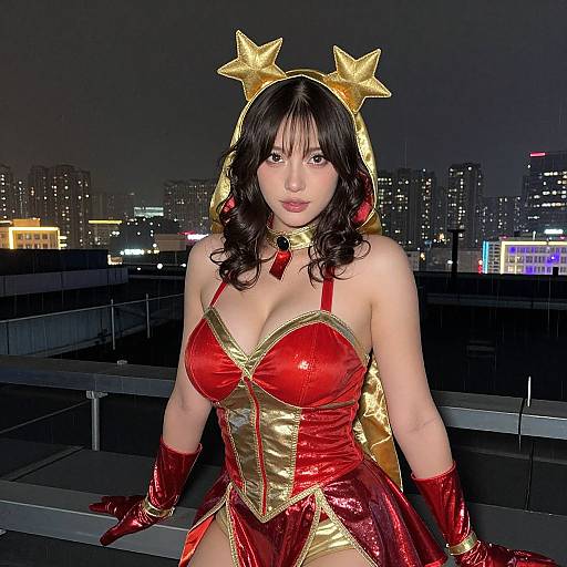 Photograph of an East Asian woman cosplaying as a star-themed superhero, wearing a red and gold costume with star headpiece, red gloves, and