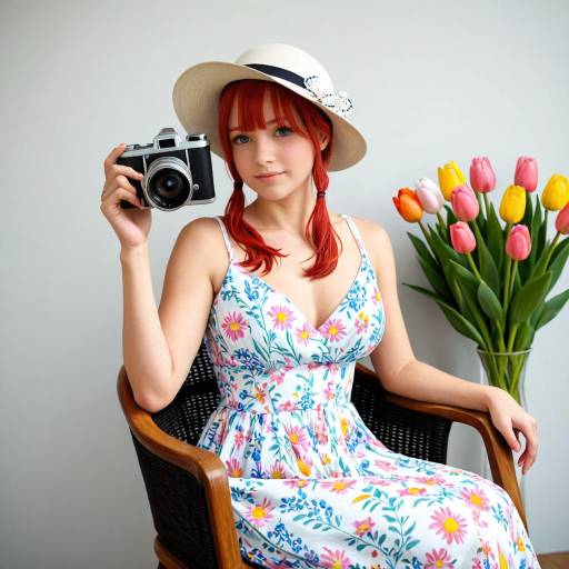 Confident Woman in Floral Dress with Camera Confident Woman in Floral Dress with Camera
