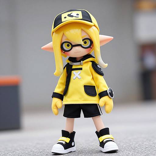 Photograph of a stylized, anime-inspired, yellow-haired, elf-like character in a yellow jacket, black shorts, gloves, and cap, with