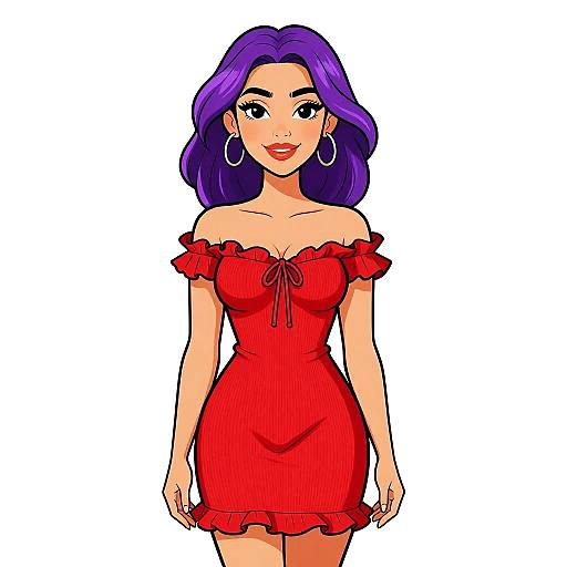 Digital illustration of a smiling woman with purple hair, wearing an off-shoulder, red dress with ruffled edges, and large hoop earrings.