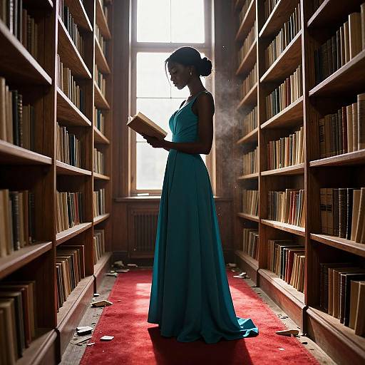 Photograph of a dark-skinned woman in a teal dress, reading in a sunlit, red-carpeted library with tall wooden bookshelves