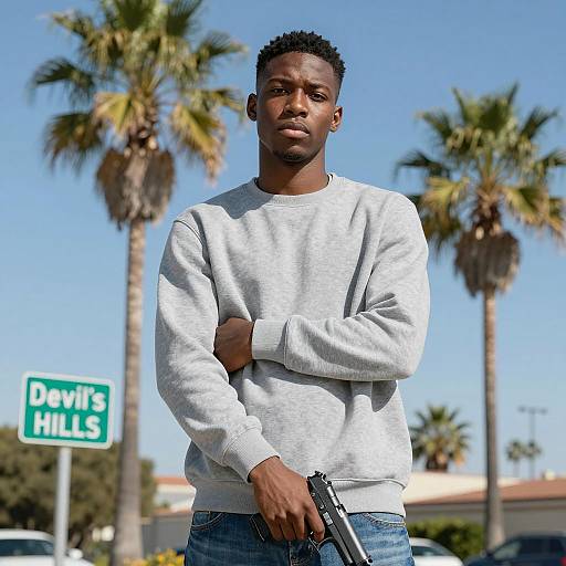 Young Man with Handgun in Palm Trees