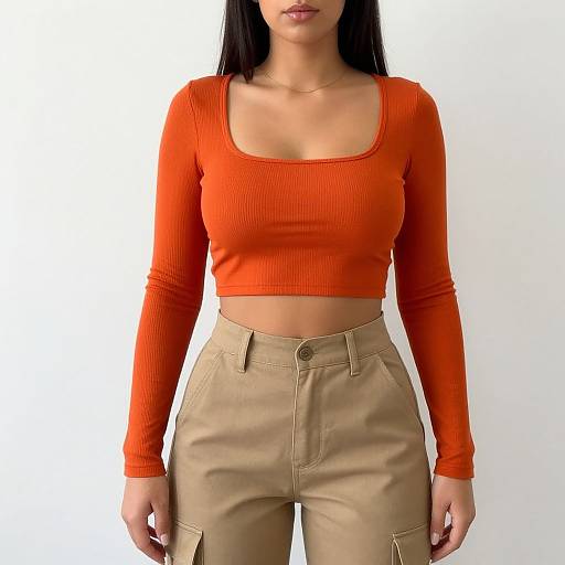 Photograph of a woman with long black hair, wearing an orange ribbed long-sleeve crop top and beige high-waisted pants, standing