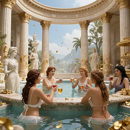 Digital artwork of five women in white bikinis, enjoying wine in a luxurious, classical-style pool surrounded by statues and golden leaves.