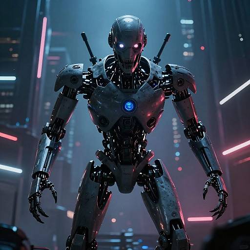 CGI sci-fi image of a glowing blue-eyed, metallic humanoid robot standing in a neon-lit futuristic cityscape, with vibrant blue and pink lights