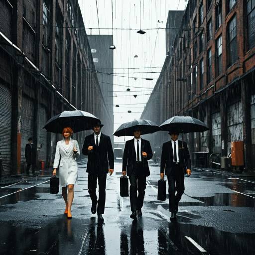 Group Walking in Rain with Umbrellas in Industrial Street
