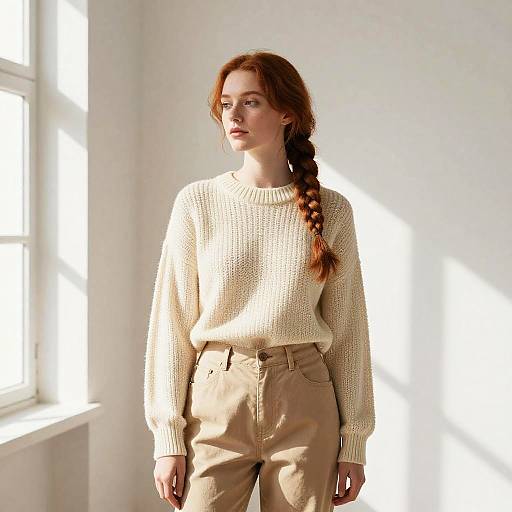 Photograph of a red-haired woman with fair skin, wearing a cream knit sweater and beige high-waisted pants, standing in bright sunlight near a