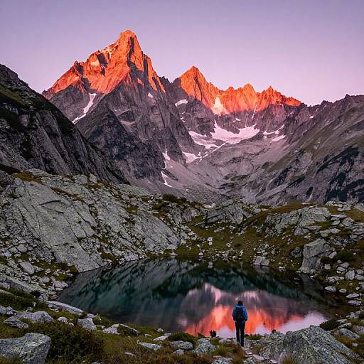 Photograph of a lone hiker facing majestic, sunlit mountain peaks with vibrant red and orange hues, reflected in a calm alpine lake. Rocky