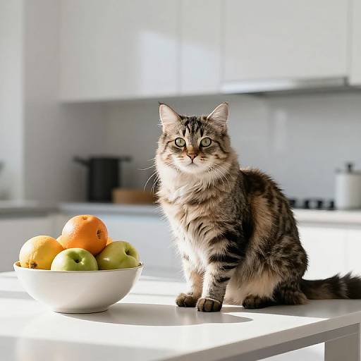 Photograph of a fluffy, brown tabby kitten with green eyes sitting on a white kitchen counter next to a bowl of oranges and green apples. Bright