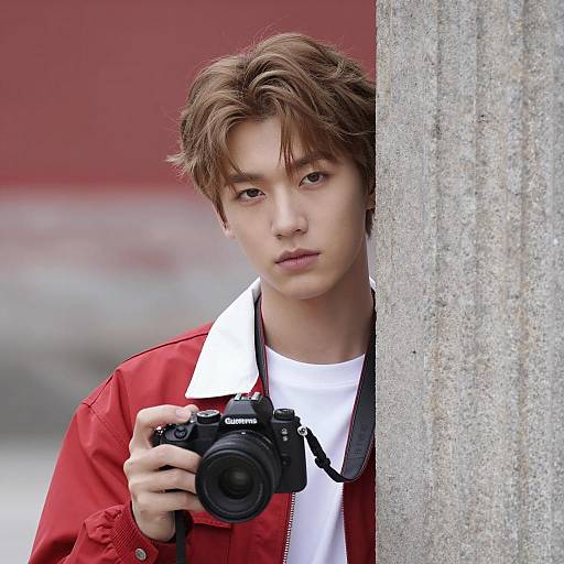 Focused Young Photographer in Red Jacket