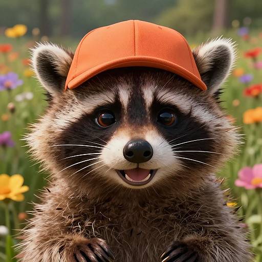 Photorealistic CGI of an adorable raccoon wearing an orange baseball cap, smiling with bright eyes, surrounded by colorful flowers.