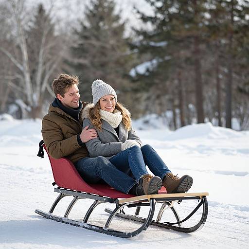 Photograph of a smiling couple in winter attire sitting on a red wooden sled, against a snowy forest background with evergreen trees.