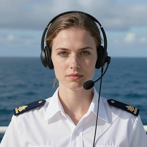Focused Woman in Headset by the Ocean