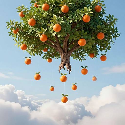 Photograph of a lush orange tree with vibrant green leaves and numerous bright orange fruits, floating against a clear blue sky with fluffy white clouds.