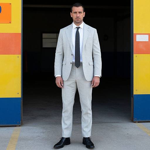 Photograph of a serious man in a white suit, black tie, and black shoes, standing in front of a brightly colored garage door.