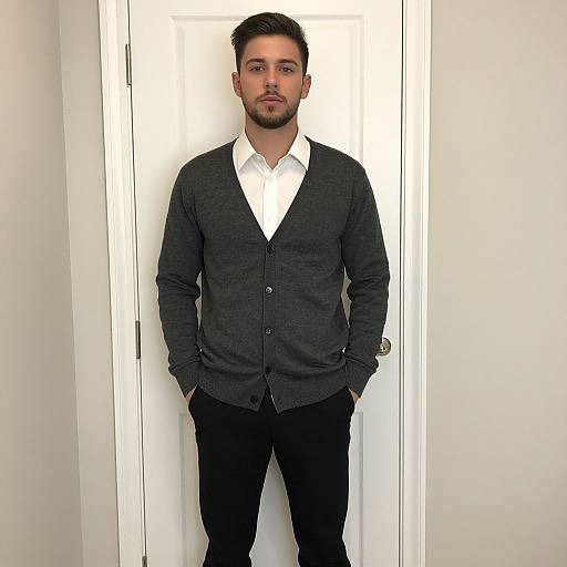 Photograph of a handsome, bearded man with short, dark hair, wearing a dark grey cardigan, white shirt, and black pants, standing