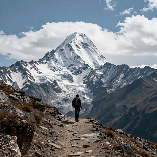Solitary Hiker by Snow-Capped Peak