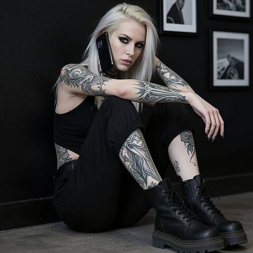 Tattooed Woman in Dark Indoor Setting