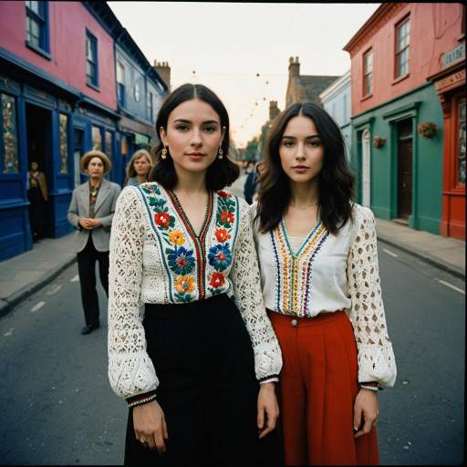 Two women in embroidered boho blouses on colorful street