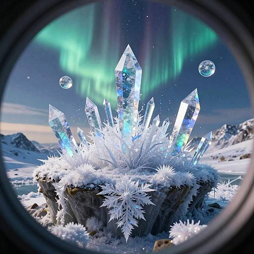 Iridescent Micro-Glacier with Crystalline Frost and Aurora