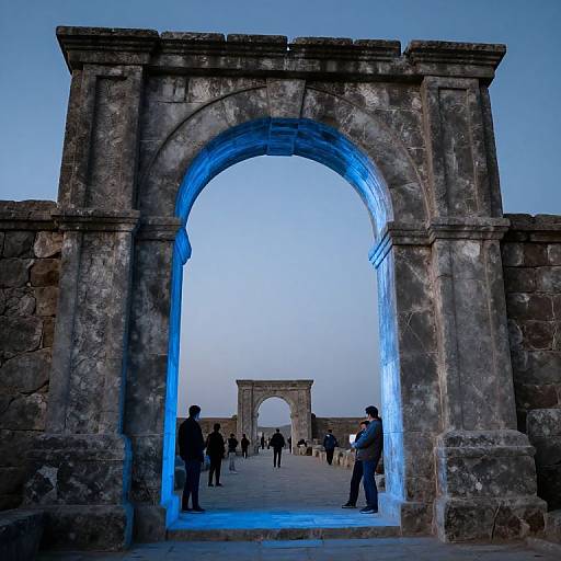 Photograph of ancient stone archway illuminated with blue light, framing people walking towards a distant similar archway under a clear sky.