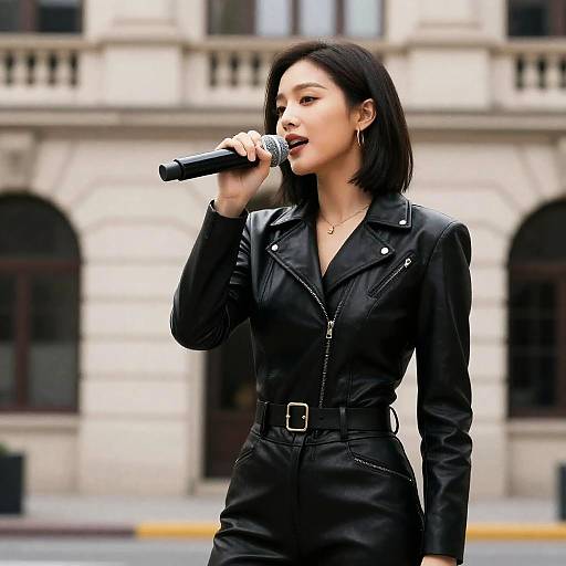 Female Singer in Black Leather Outfit