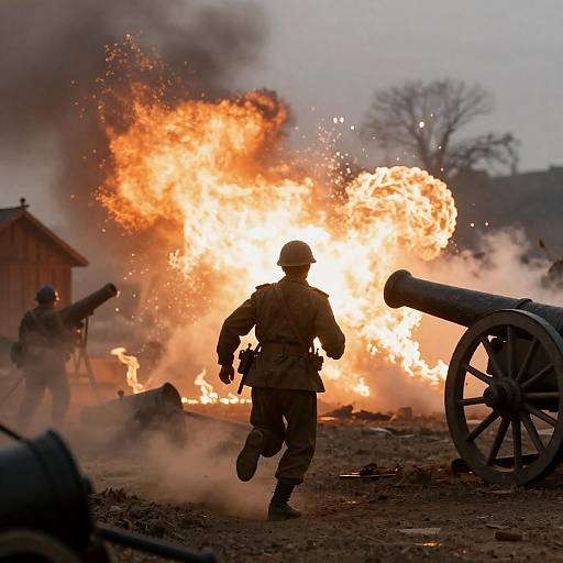 Soldier Running Through Fiery Battlefield