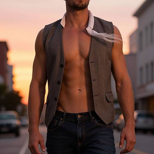 Photograph of a muscular, shirtless man with a brown vest, white shirt collar, and black jeans, standing on a sunset-lit street.