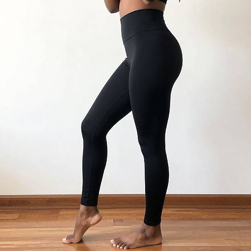 Photograph of a fit, dark-skinned woman standing on wooden floor, wearing black high-waisted leggings, barefoot, against a white wall