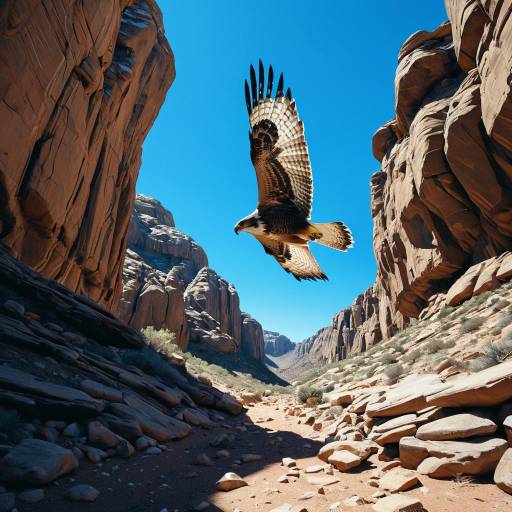 Soaring Hawk Above Rocky Desert Cliffs