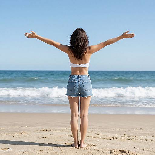 Photograph of a woman with dark hair, wearing a white bikini top and blue denim shorts, standing on a sandy beach with arms outstretched,