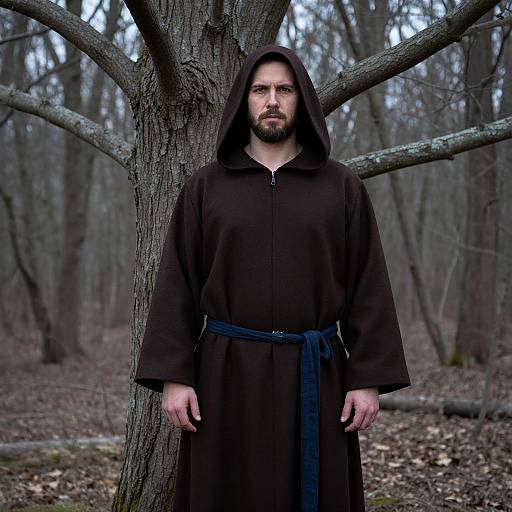 Photograph of a serious, bearded man in a black hooded robe with a blue belt, standing in a barren, leafless forest, leaning