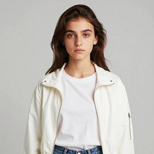 Photograph of a young woman with long dark hair, wearing a white jacket over a white shirt, and blue jeans, standing against a plain light gray