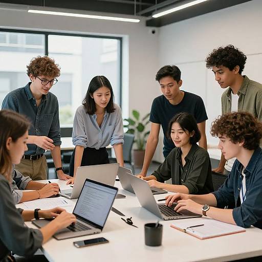 Photograph of diverse young professionals in a modern office, seated around a white table with laptops, engaged in a collaborative discussion. Bright natural light filters through