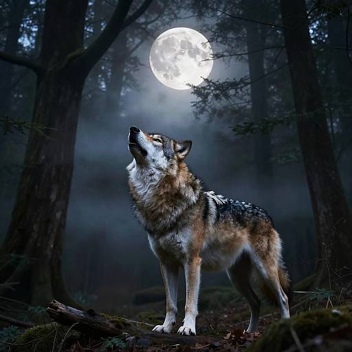 Photograph of a wolf howling at a full moon in a dark, misty forest, with dense trees and moss-covered ground.