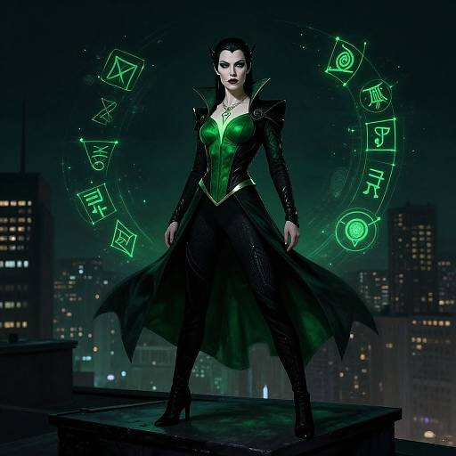 CGI image of a dark, gothic witch with green glowing magic symbols, black and green attire, standing on a rooftop at night.